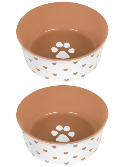 Набор мисок для домашних питомцев «Лапка на бежевом и сердечки»