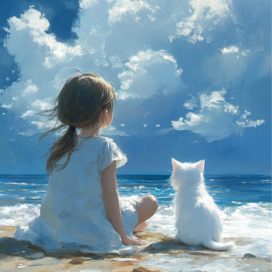 Алмазная мозаика «Девочка с котенком на море»