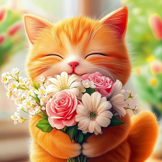 Алмазная мозаика с частичной выкладкой «Котенок с букетом»