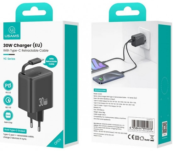 СЗУ Usams CC241 YC Series 30W Type-C порт с кабелем-рулеткой Type-C