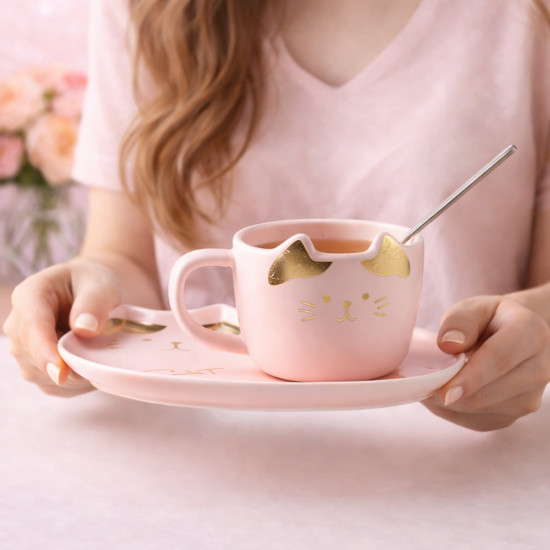 Чайная пара с ложкой «Pink Cat»