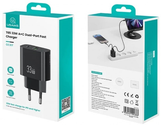 СЗУ USAMS CC317 T65 CC317TC01 33W PD USB+Type-C порты