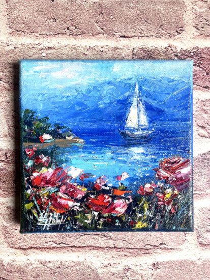 Картина маслом ручной работы «Цветы у моря»