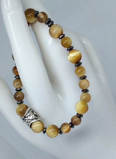 Браслет из натурального камня тигровый глаз с гематитом