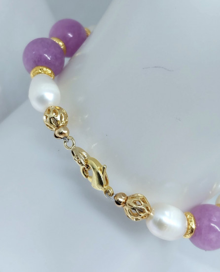 Браслет из натурального пресноводного жемчуга и аметиста с позолотой 18К