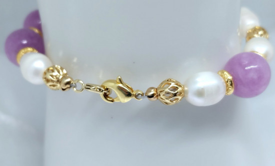 Браслет из натурального пресноводного жемчуга и аметиста с позолотой 18К