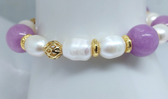 Браслет из натурального пресноводного жемчуга и аметиста с позолотой 18К