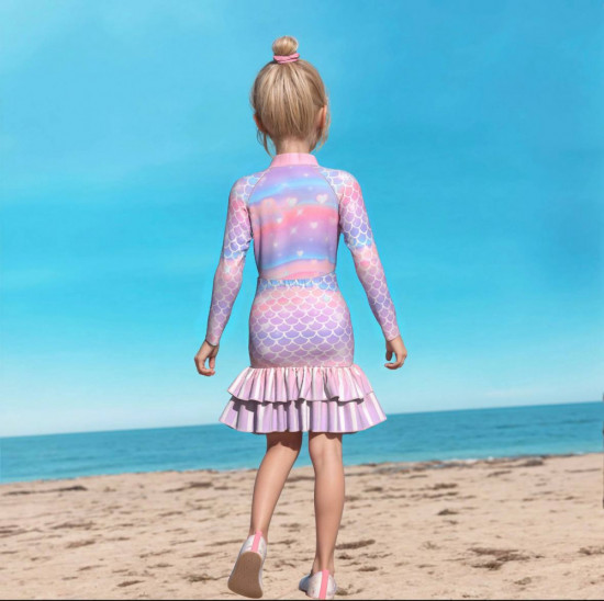 Детский цельный солнцезащитный купальник для девочек с длинными рукавами и с разрезным хвостом русалки