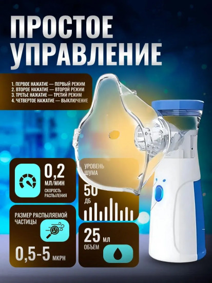 Ингалятор небулайзер портативный с тремя насадками бесшумный, для детей и взрослых