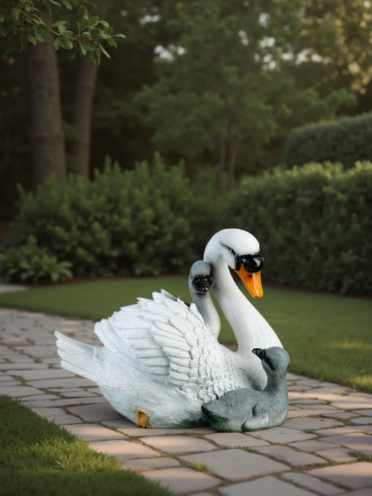 Садовая фигура из полистоуна «Лебедь с птенцами»