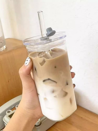 Стакан стеклянный квадратный с крышкой и трубочкой «Aesthetic Coffee»