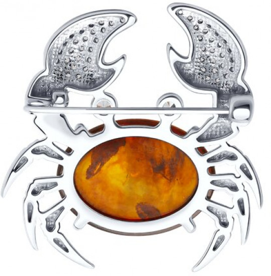 Брошь из серебра с янтарем и фианитами