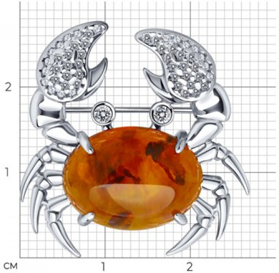 Брошь из серебра с янтарем и фианитами