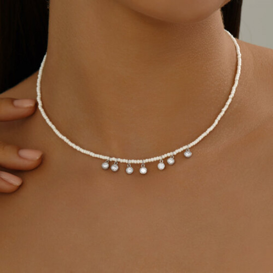 Колье из серебра с синтетическим жемчугом и фианитами