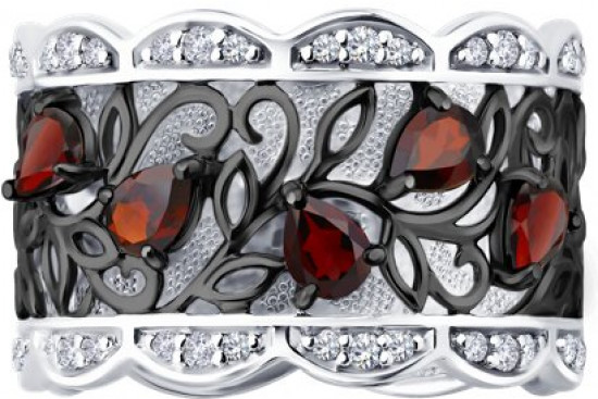 Кольцо из серебра с гранатами и фианитами