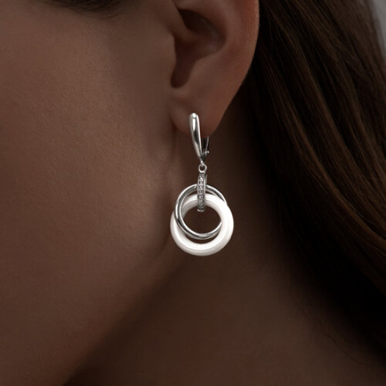 Серьги из серебра с керамическими вставками и фианитами