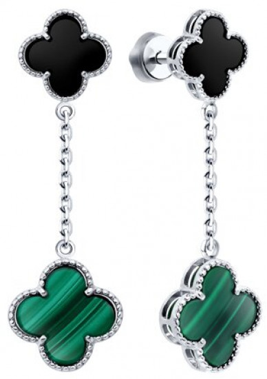 Серьги из серебра с малахитом и ониксом