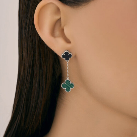 Серьги из серебра с малахитом и ониксом