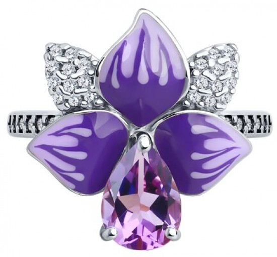 Кольцо из серебра с аметистом, фианитом и эмалью