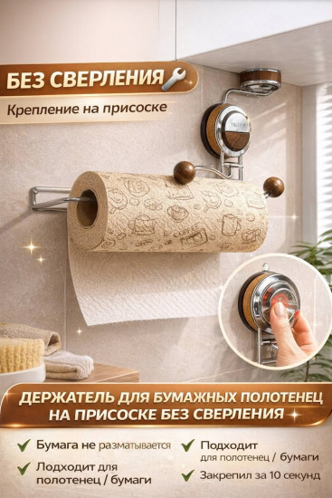 Держатель для бумажных полотенец на присоске без сверления, настенный, под шкаф, кухонный