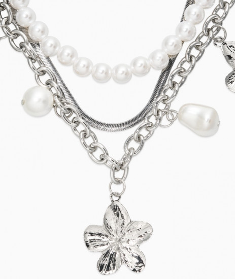Колье многослойное с подвесками «Жемчуг с цветами»