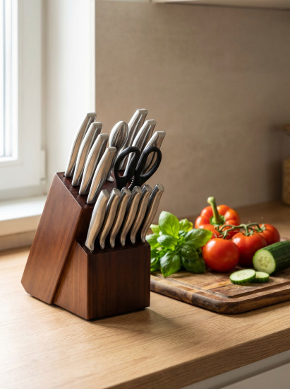 Набор кухонных ножей с подставкой из дерева