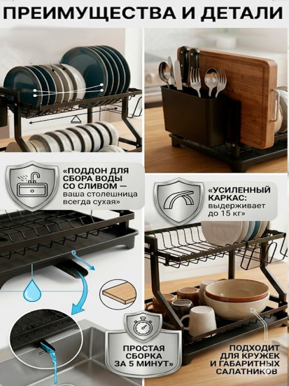 Полка для сушки и хранения посуды черная