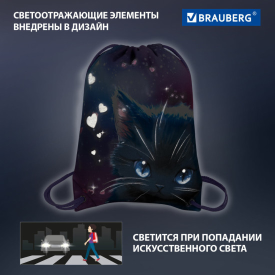 Мешок для обуви, карман, подкладка, светоотражайка, 43х33 см, Anime cat, 272421