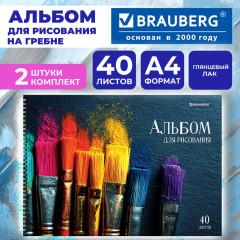 Альбомы для рисования, А4, 40 л., Комплект 2 шт., гребень, глянцевый лак, 200х290 мм, «Кисти», 107735 - Фото 1