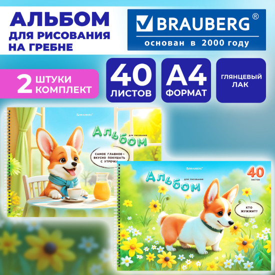 Альбомы для рисования ДЭК, А4, 40 л., Комплект 2 шт., гребень, глянцевый лак, BRAUBERG, 200х290 мм, "Корги", 107739