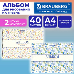Альбомы для рисования ДЭК, А4, 40 л., Комплект 2 шт., гребень, рельефный картон, Brauberg, 200х290 мм, «Паттерн», 107744 - Фото 1