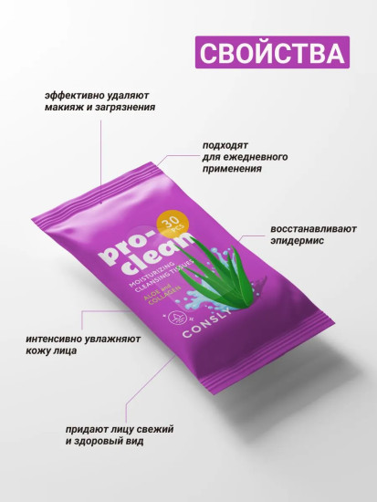 Мицеллярные салфетки очищающие и увлажняющие «Pro-Clean Moisturizing Cleansing Tissues with Collagen and Aloe»