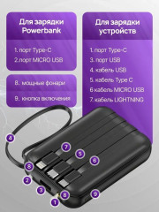 Внешний аккумулятор 10000 mAh с 4 встроенными кабелями и фонариком - Фото 3