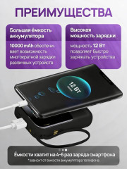 Внешний аккумулятор 10000 mAh с 4 встроенными кабелями и фонариком - Фото 4