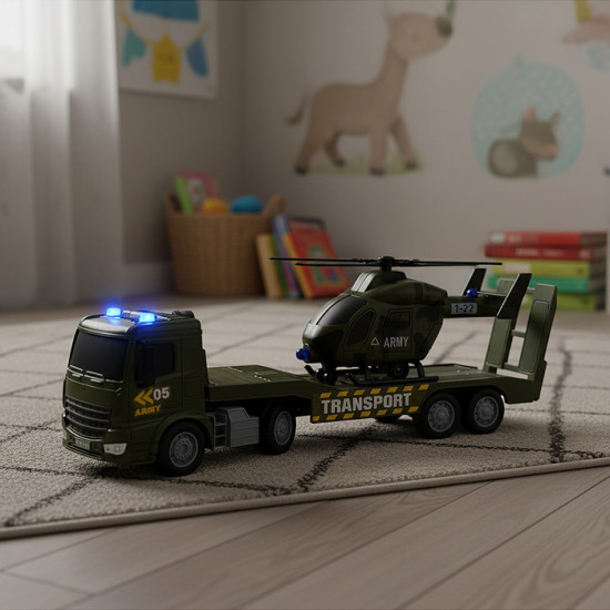 Игрушечный транспорт «Военный эвакуатор с вертолетом»