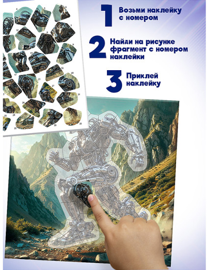 Раскраска Аппликация наклейками по номерам. Роботы-Герои