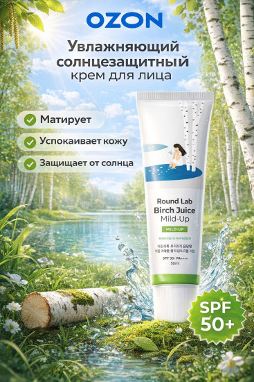 Санскрин с берёзовым соком Birch Juice Moisturizing Mild-Up Sunscreen SPF50+ PA++++