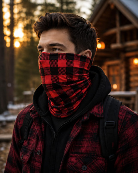 Бафф Buffalo Check красно-черная клетка, мультифункциональный шарф-труба унисекс 25×50 см