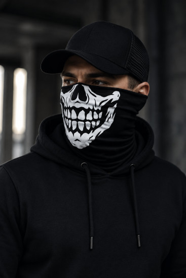Бафф White Skull Black, мультифункциональный шарф-труба с черепом, чёрный, 25×50 см