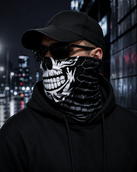 Бафф Tactical Skull Black, мультифункциональный шарф-труба с черепом, чёрный, 25×50 см