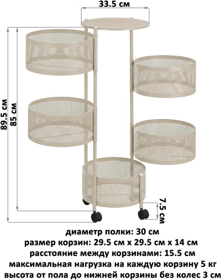 Этажерка с выдвижными корзинами на колесиках 5 ярусов