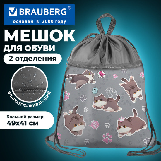 Мешок для обуви Brauberg БОЛЬШОЙ, с ручкой, карман на молнии, сетка, 49×41 см, «Милые коты», 274637