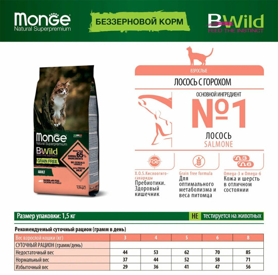 Корм сухой беззерновой для взрослых кошек с лососем и горохом «Bwild Grain Free Cat Adult Salmon»