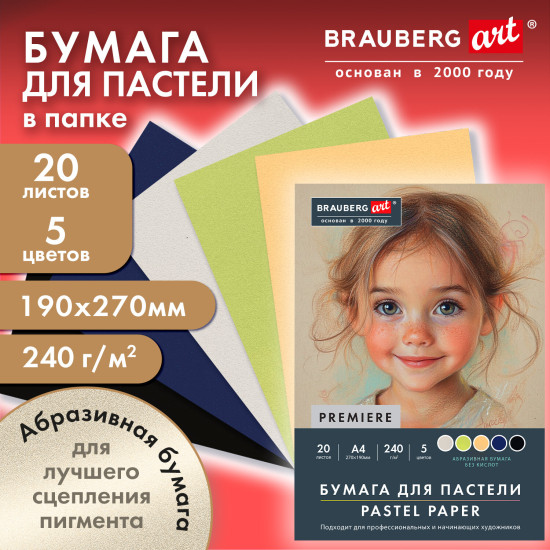 Бумага для пастели Абразивная А4 в папке, 20 листов, 5 цветов, 240 г/м2, BRAUBERG ART, 117763