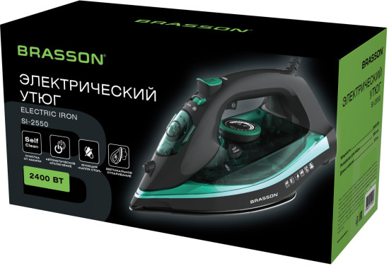 Утюг паровой (БРАССОН) SI-2550, 2400 Вт, керамика, автоотключение, антикапля, Шнур 2,8 м, самоочистка, графит/бирюзовый, 458309