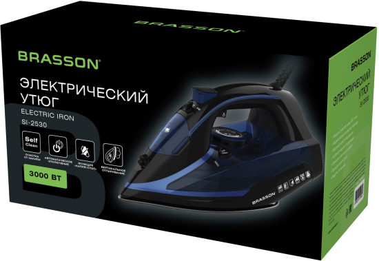 Утюг паровой BRASSON (БРАССОН) SI-2530, 3000 Вт, керамика, автоотключение, антикапля, Шнур 2,8 м, самоочистка, черный/синий, 458311