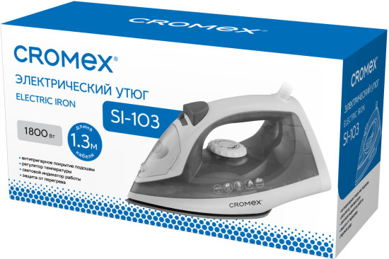 Утюг паровой (КРОМЕКС) SI-103, 1800 Вт, антипригар. покрытие, паровой удар, вертикальн. отпаривание, самоочистка, серый/белый, 458314