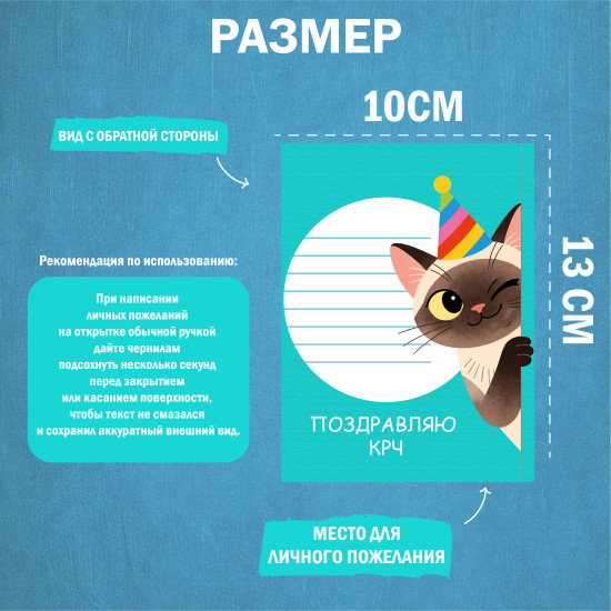 Открытка «С ДР!» с котиком 10×13 см, двусторонняя поздравительная открытка с местом для пожеланий