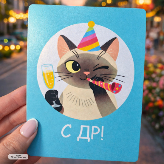 Открытка «С ДР!» с котиком 10×13 см, двусторонняя поздравительная открытка с местом для пожеланий