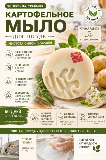 Картофельное мыло ручной работы от жира и нагара